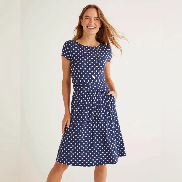 Boden Amelie Jersey Blue and White Polka Dot Dress - Picture 1 of 9